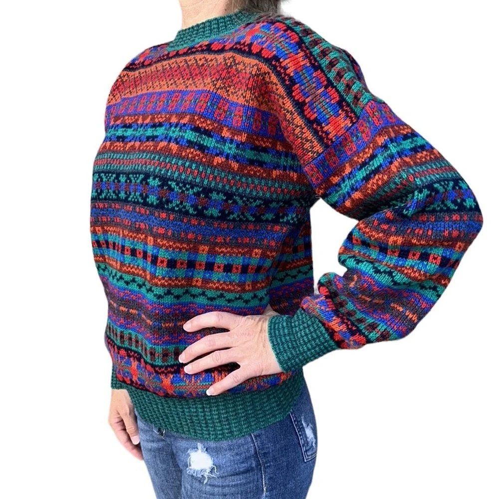 Vintage‎ Wendy Lawrence Welsh Wool Sweater Hand Knit Bright Colors Fair Isle S-L